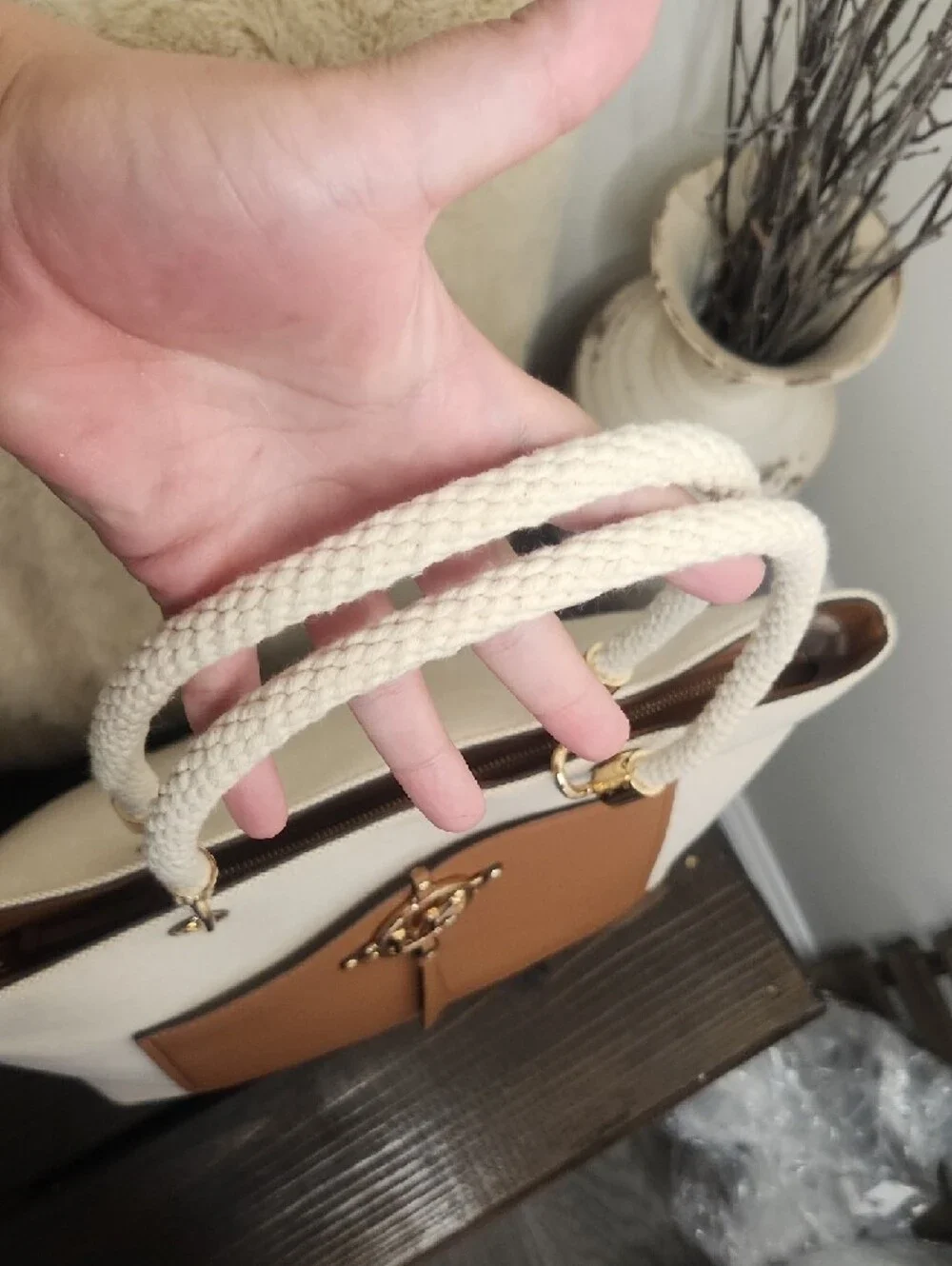 Michael Kors Cream Canvas Tote with Tan Leather Pocket